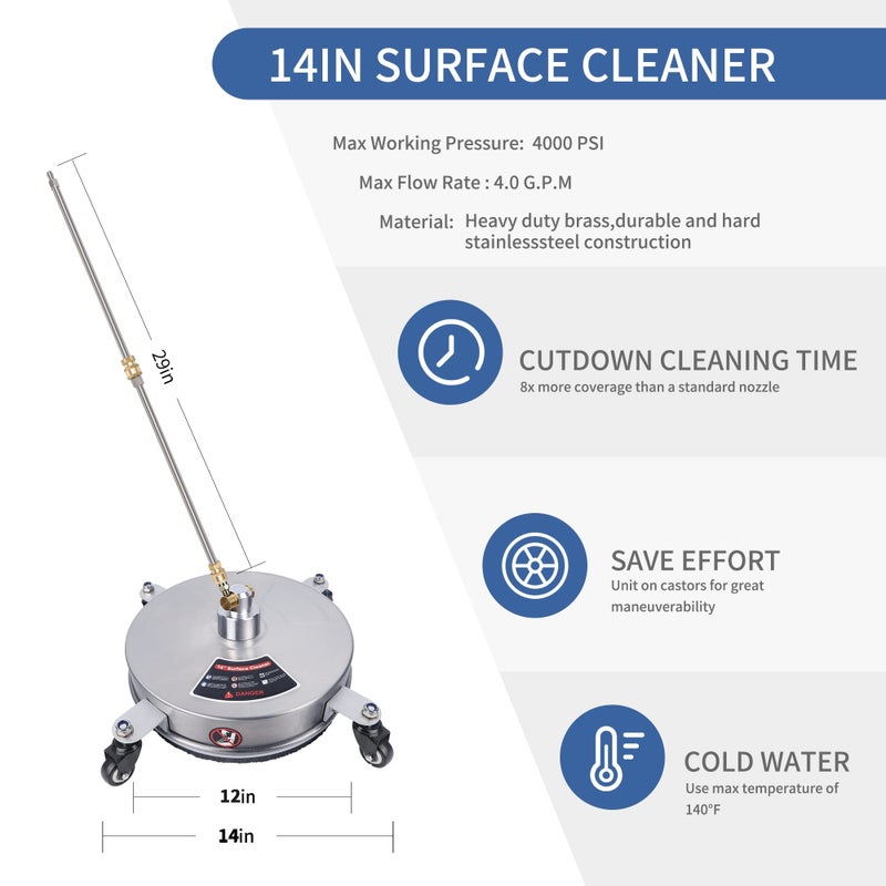 Biswing 14" Pressure Washer Surface Cleaner with 4 Wheels, Stainless Steel Power Washer Accessory for Driveways Sidewalks Patios Cleaning, 1/4" Quick Connector, 2 Extension Wand Attachments, 4000 PSI - Image 2